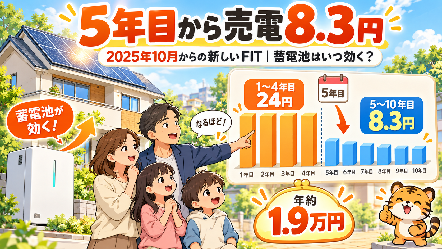 2025年10月以降に太陽光を付けた家は、5年目から売電8.3円|新しいFITで蓄電池がいつ効くか、5年分の実測で計算した