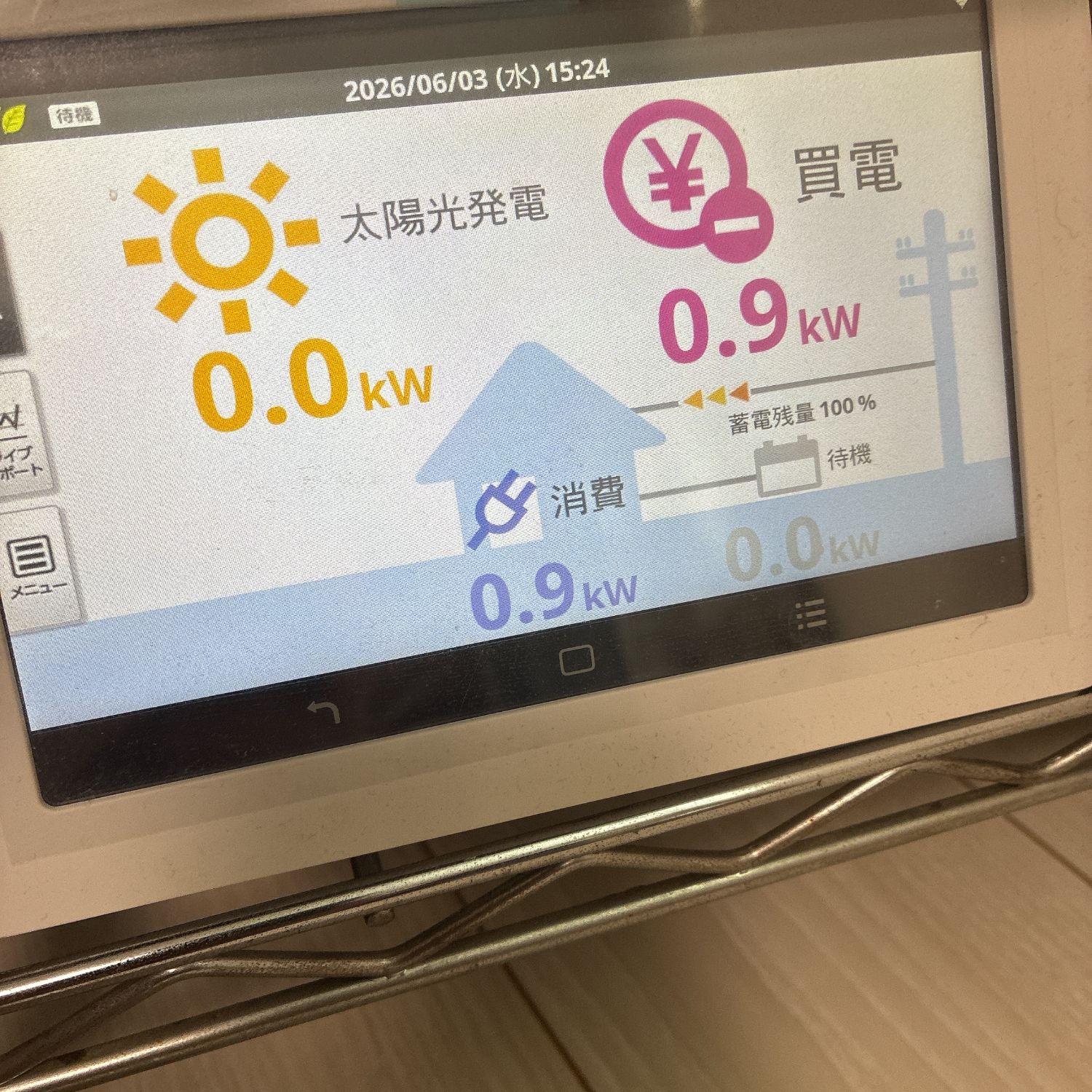 満充電になり待機状態になったHEMSホーム画面（蓄電残量100%）