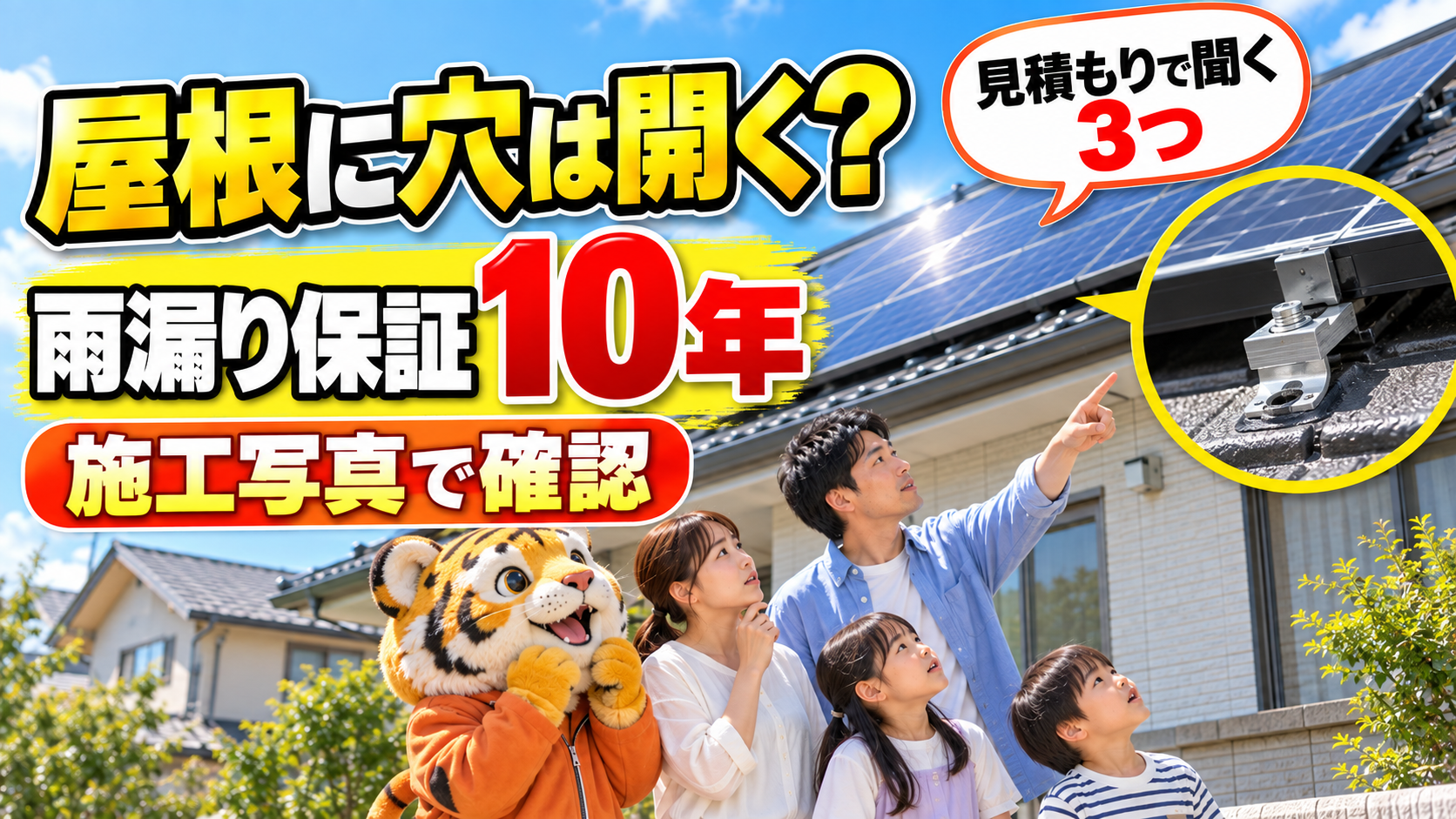 太陽光パネルで屋根に穴は開く?我が家の施工写真と、雨漏りの施工保証10年の中身