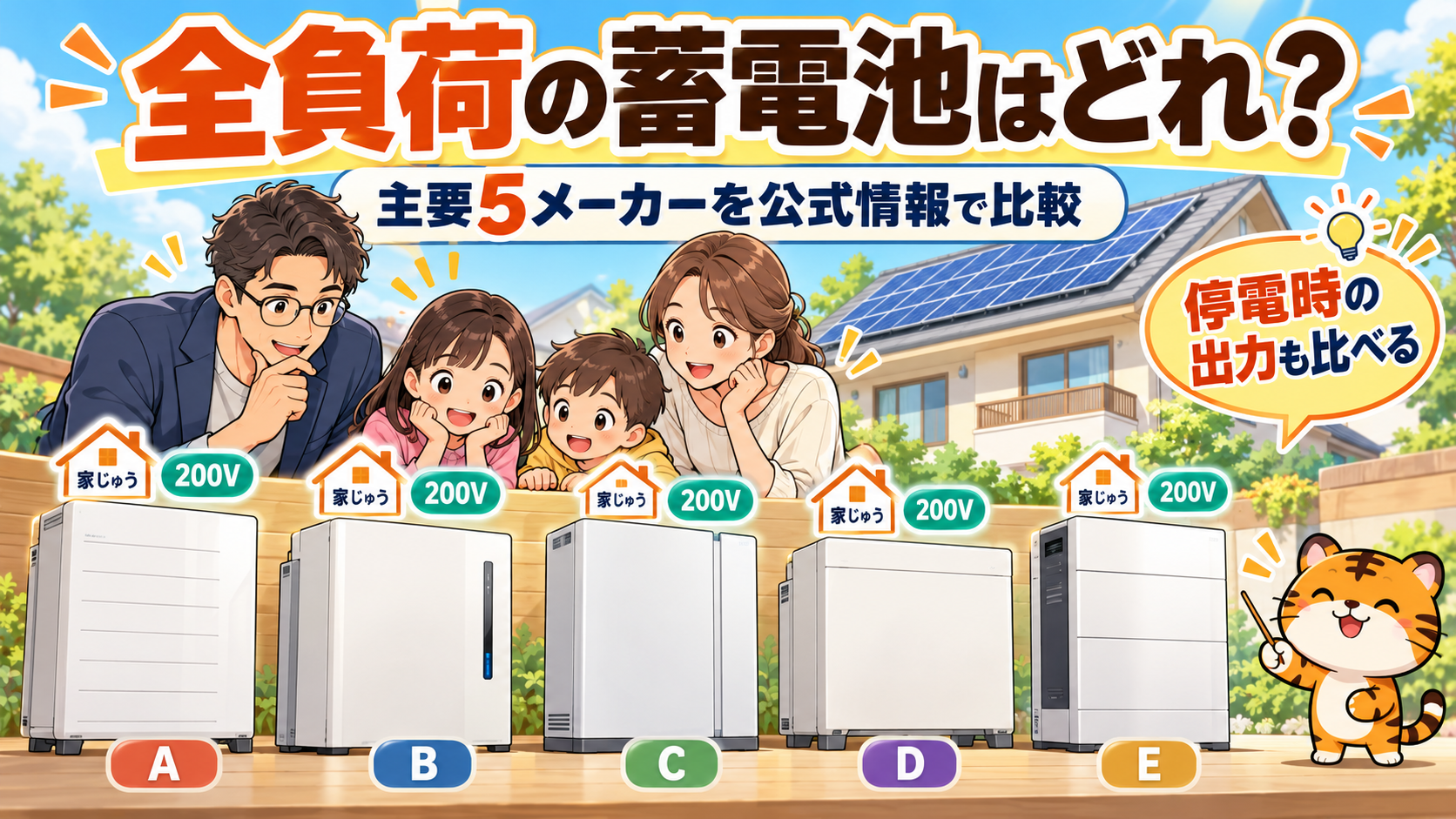 全負荷の蓄電池はどれ?主要5メーカーを公式情報で比較|特定負荷の蓄電池に住む我が家の選び方