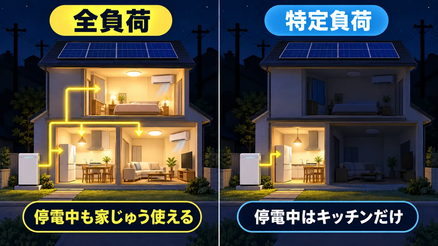 全負荷と特定負荷の違い。停電中、全負荷の家は蓄電池の電気がキッチン・リビング・寝室のすべてに届き、特定負荷の家はキッチンだけに届いてリビングと寝室は真っ暗になる